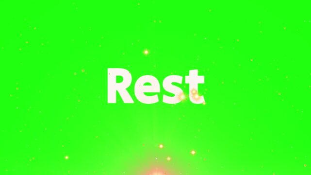 Animated white text displaying the word rest with glowing particle effects over a bright vibrant green screen background ideal for video editing