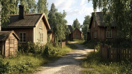 Fototapeta premium Tranquil Scandinavian Village: Wooden Houses and Lush Greenery