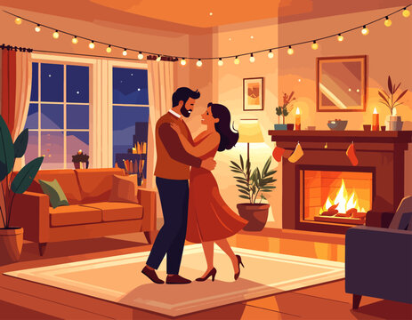 A couple slow dancing in front of a cozy fireplace in a romantic room. Concept of warmth, intimacy, and winter holiday romance.