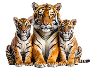 Obraz premium Bengal Tiger Mother Sitting with Two Cubs, Family Wildlife Portrait, Transparent Background