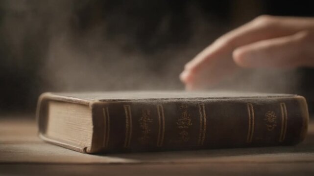 Hand touching old book on a table with smoke in the background