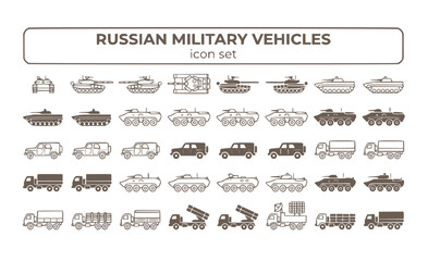 Obraz premium Russian Military Vehicles Armed Forces Tank BMP BTR Armored Combat KAMAZ UAZ Transport Defense Equipment Army Vector Icon Set - Russian Defense