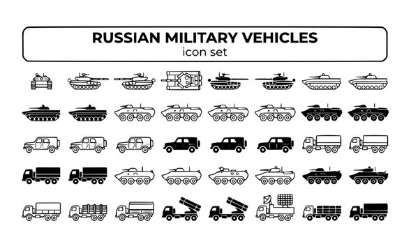 Russian Military Vehicles Armed Forces Tank BMP BTR Armored Combat KAMAZ UAZ Transport Defense Equipment Army Vector Icon Set - Russian Defense