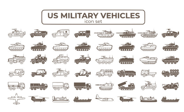 US Military Vehicles Armed Forces Army Tank Humvee MRAP Bradley Armored Combat Tactical Transport Defense Equipment Vector Icon Set - Military Transport
