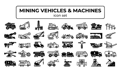 Obraz premium Mining Vehicles Machines Equipment Haul Truck Excavator Drill Rig Bulldozer Loader Dump Heavy Machinery Underground Operations Vector Icon Set - Mining Equipment