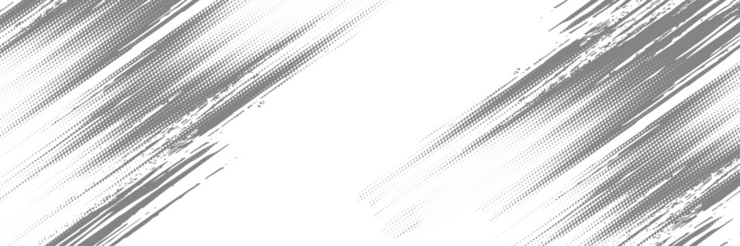 Grunge halftone gradient background. Faded grit noise texture. White and black sand wallpaper. Retro pixelated backdrop. Anime or manga style comic overlay. Vector graphic design textured template
