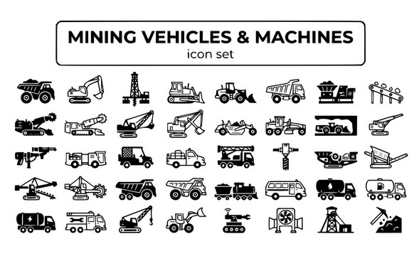 Mining Vehicles Machines Equipment Haul Truck Excavator Drill Rig Bulldozer Loader Dump Heavy Machinery Underground Operations Vector Icon Set - Mining Equipment
