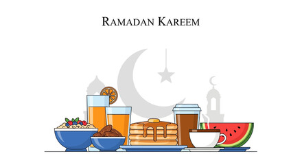 Ramadan Kareem illustration featuring a spread of breakfast foods and drinks, with Islamic cultural symbols in the background.