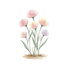 A beautiful cluster of delicate watercolor flowers with soft pink yellow and blue petals growing from soil