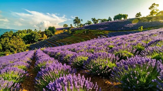 Vibrant lavender fields cascade across rolling hills under a bright blue sky, creating a picturesque landscape.