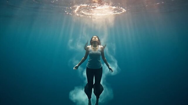 Woman peacefully floating underwater with light rays shining down.