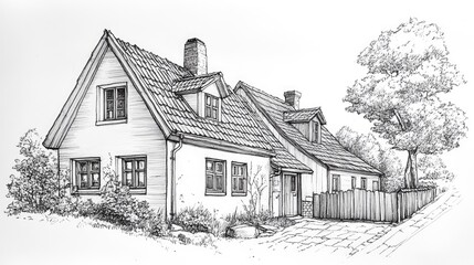 Pen and Ink Sketch: Charming Country House