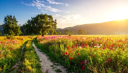 Obraz premium A dirt road winds through a vibrant flower field toward a sunlit landscape with trees