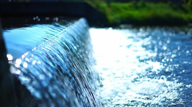 Close-up of flowing water at an urban wastewater treatment plant with a modern design, against a natural green background.