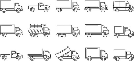 Set of commercial vehicle line icons featuring delivery trucks, pickup trucks, dump trucks, and freight vans for logistics and transportation. © Ahsan