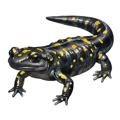 Obraz premium Black and yellow spotted salamander animal standing calmly with a neutral expression in a detailed watercolor illustration