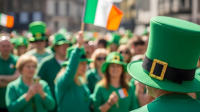 St patrick's day celebration with green attire and irish flags