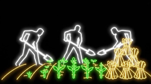Neon Outlined Farmers Harvesting Crops In Dark Field.