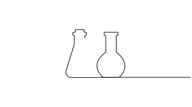 Self animated minimalist continuous one line-art illustration of two laboratory flasks, Single line art laboratory equipment's vector illustration