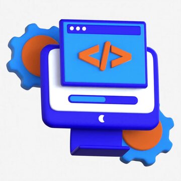 A 3D illustration of a computer monitor with coding brackets and gears representing professional web programming and software engineering
