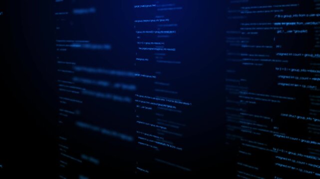 Program code text displaying on screen, representing coding and programming technology, software development, digital systems, and futuristic cyber technology concepts.