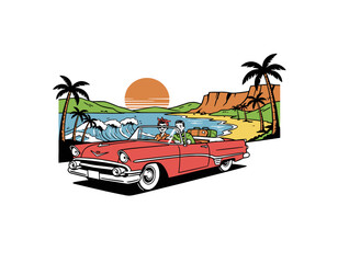 Vintage car road trip design. Summer holiday travel artwork. Tropical beach coastal graphic print. Classic convertible car illustration. Retro vacatio