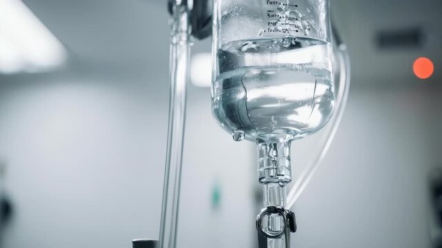 Saline solution dripping from IV drip chamber in a hospital setting