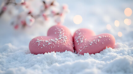 Obraz premium Two Pink Pastel Hearts Nestled in Fresh White Snow with Soft Bokeh Background
