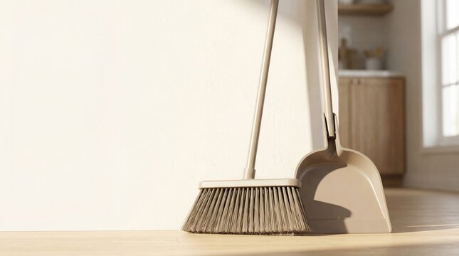 Cleaning tools with broom and dustpan in modern kitchen interior  