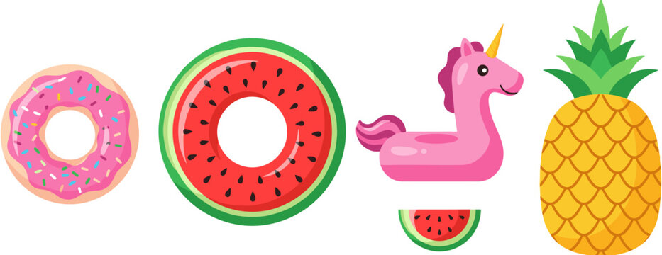 Set of Colorful Summer Pool Floats and Tropical Fruit Icons Featuring Pink Donut Watermelon Unicorn and Yellow Pineapple Vector Graphics