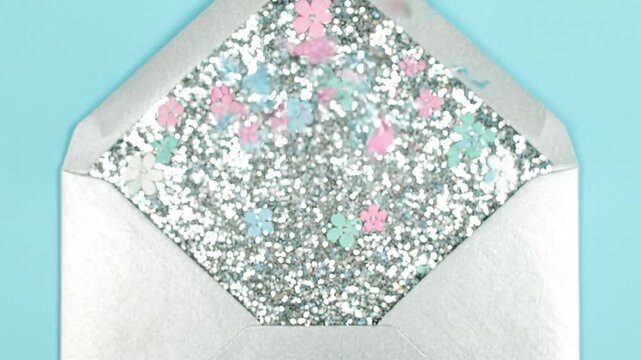 An open envelope with a silver glitter interior and colorful flower confetti on a light blue background.