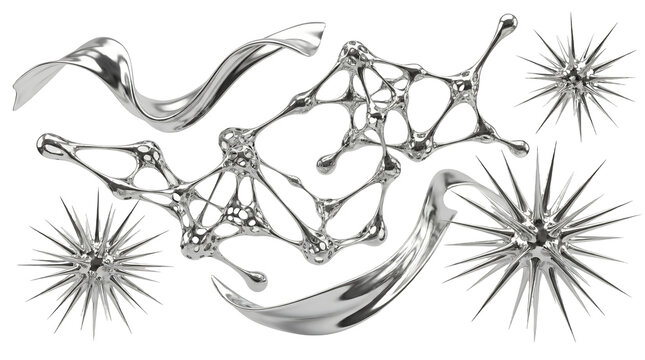 Set of abstract chrome shapes and liquid metal organic forms in 3D render style