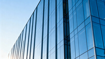 Naklejka premium Transparent glass wall of office building. Modern skyscrapers architecture, business office buildings. 