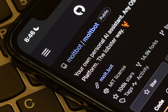 Portland, OR, USA - Jan 29, 2026: Moltbot's webpage on Github is seen on the screen of an iPhone. Moltbot, previously Clawdbot, is a self-hosted AI agent that connects messaging apps to a coding agent