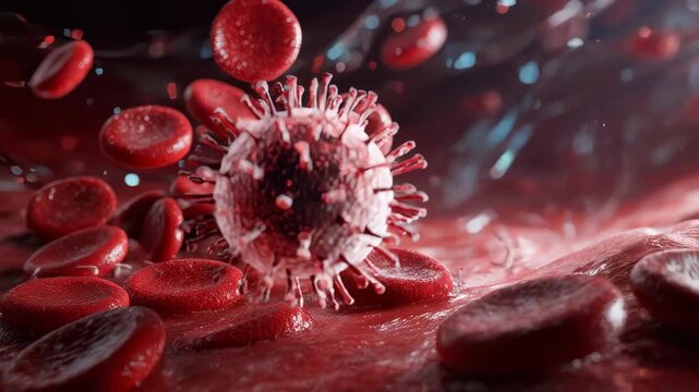 A close-up view of a virus surrounded by red blood cells in a bloodstream, captured in a detailed 3D rendering