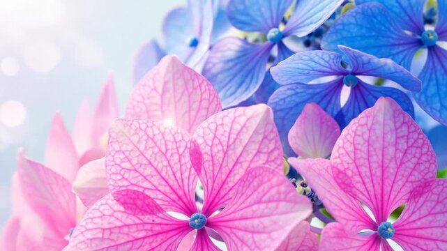 Close-up of vibrant blue and pink hydrangea flowers, perfect for backgrounds and artistic designs.