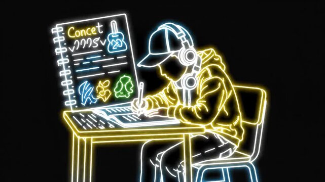 Neon Sketch Of A Person Coding At A Desk.
