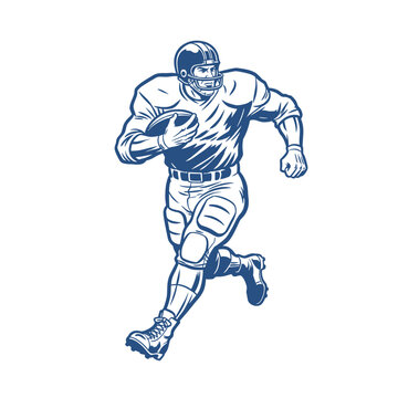 American football player vintage artwork. Retro sports graphic design for apparel. Running back with ball sketch illustration. Game day sports club lo