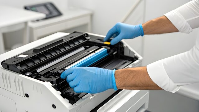 Gloved Hands Changing Toner Cartridge In Laser Printer, Representing Maintenance, Precision, And The Seamless Connection Between Human Care And Modern Office Technology