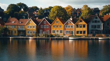 Fototapeta premium Charming Colorful Houses by the Calm Water in Norway