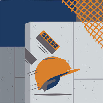 Falling brick and hard hat construction hazard scene