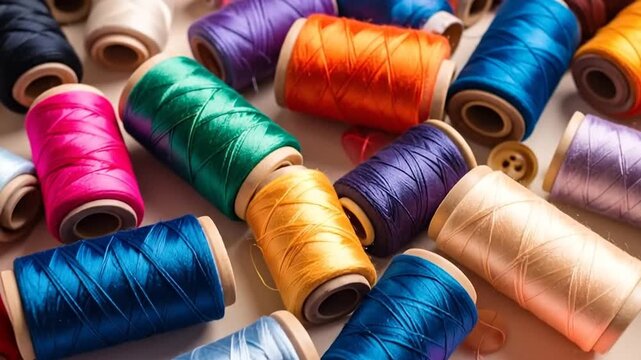 Colorful spools of thread arranged on a neutral background, perfect for sewing and crafting projects.