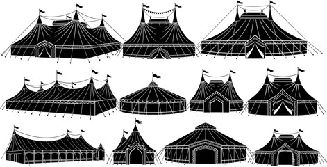 Large set of black circus tent silhouettes, vintage carnival big top icons, festival marquee collection, amusement park symbols on white background. © Ahsan