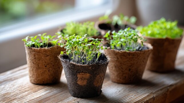 Young seedlings flourishing in small biodegradable pots on a wooden surface, representing the hopeful beginnings of new growth
