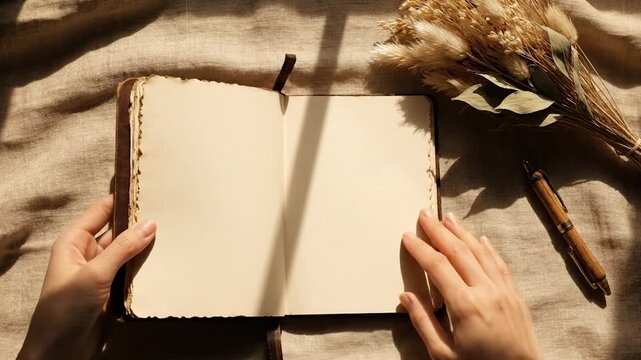 Hands hold aged journal with dried plants and wooden pen on textured fabric