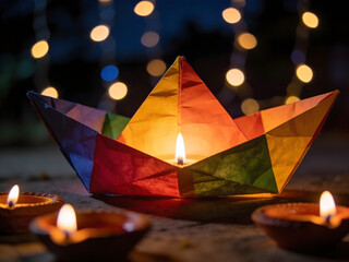 Folded Paper Boat Lantern Lit by a Diya with Bokeh Lights at Night origami oil lamp