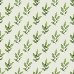 Seamless background, floral minimalistic pattern with watercolor green leaves. Repeat fabric wallpaper print texture. Perfectly for wrapped paper, backdrop, frame or border.
