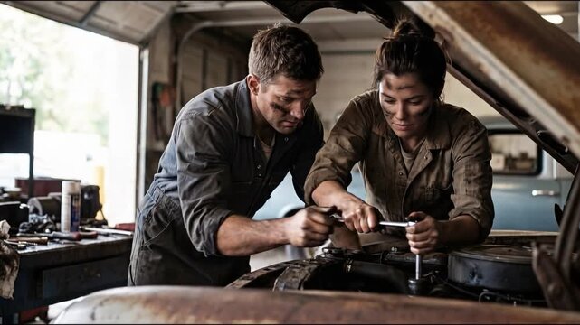 Two focused mechanics, deeply engrossed in their work, collaborate to repair an old vintage vehicle inside a rustic garage, embodying the essence of hands-on expertise and dedication.