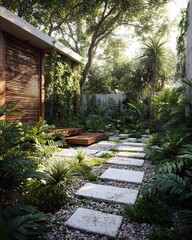 Fototapeta premium Lush Tropical Garden Path with Modern Design Elements