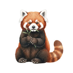 Fototapeta premium Cute Red Panda Sitting Holding Green Bamboo Twig with Calm Expression Watercolor Style Illustration